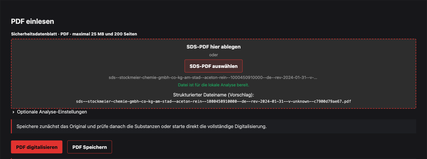 PDF-Auswahl mit vorgeschlagenem Dateinamen sowie den Aktionen PDF digitalisieren und PDF Speichern.
